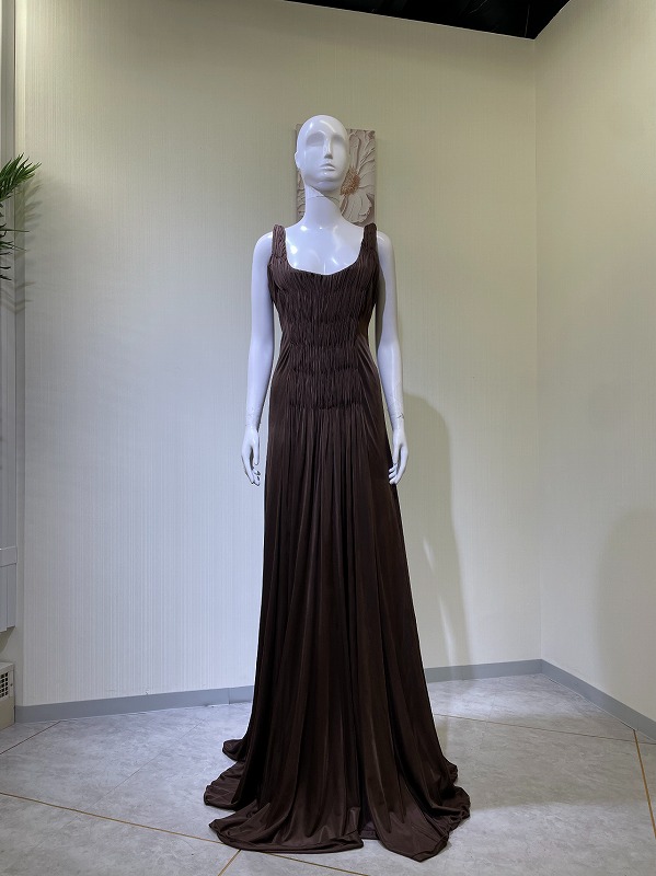 【レンタルドレス 4682】フロントギャザーワンカラーマーメイドロングドレス ブラウン【ALBERTA FERRETTI】